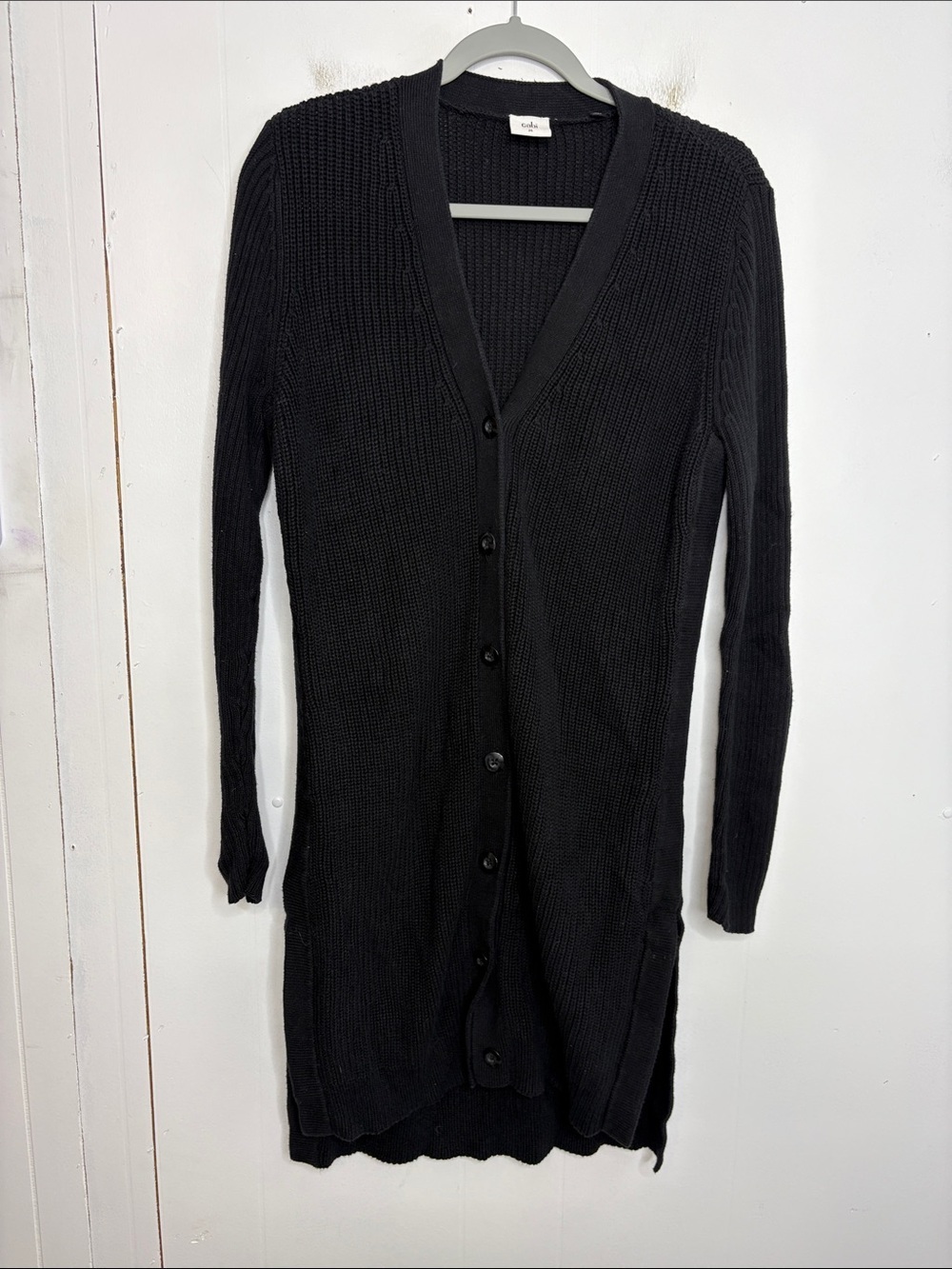 Cabi Sweater Womens Medium Heavy Knit Longline Duster Button Up Cardigan Black